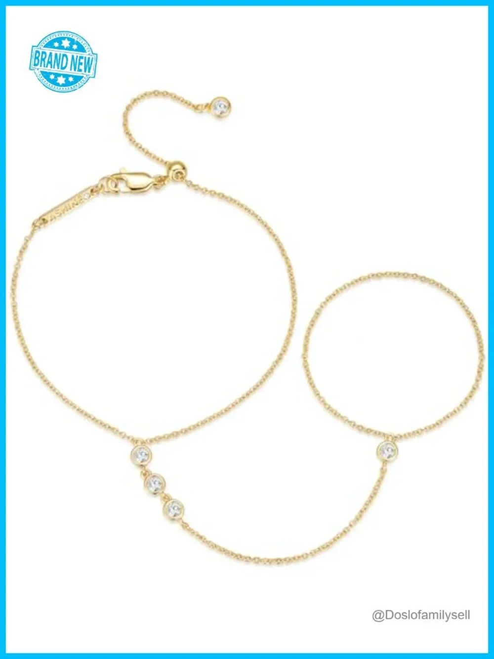14K Gold Plated Hand Chain Bracelet & Ring Dainty Cubic Zirconia Link Bracelet